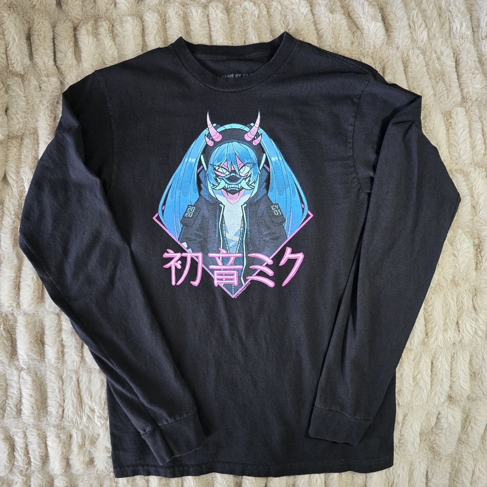 Hatsune Miku Demon Mask Anime Men's Small Black Long Sleeve Crew Neck T-Shirt